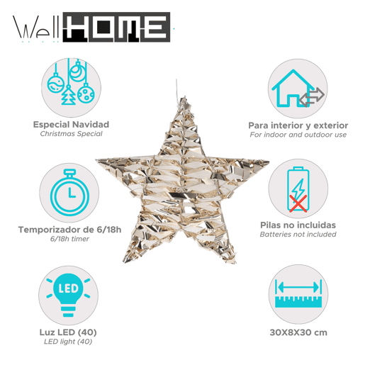 Well Home Luz decorativa de metal em forma de estrela com 40 micro LEDs brancos quentes em design torcido 30x8x30cm