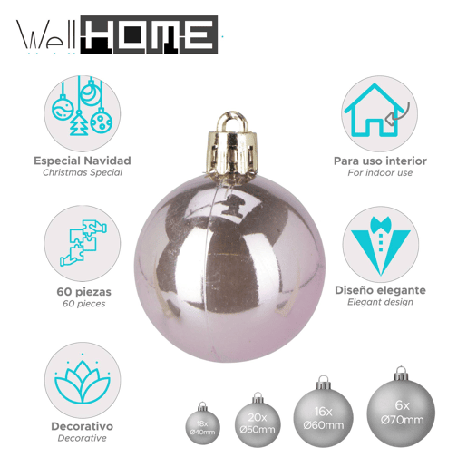 Conjunto de 60 bolas de Natal Well Home na cor champanhe em vários tamanhos e acabamentos