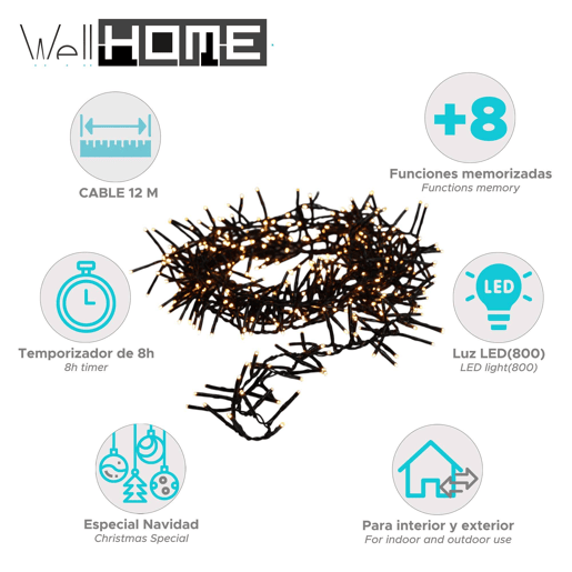 Luzes de LED brancas quentes Well Home 800 com 8 funções e temporizador - 12 metros