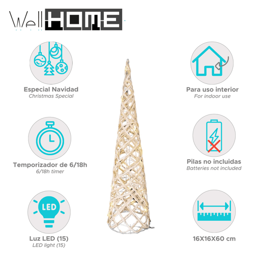 Cone de Natal Well Home com 15 Luzes LED 60x16x16cm Cinza