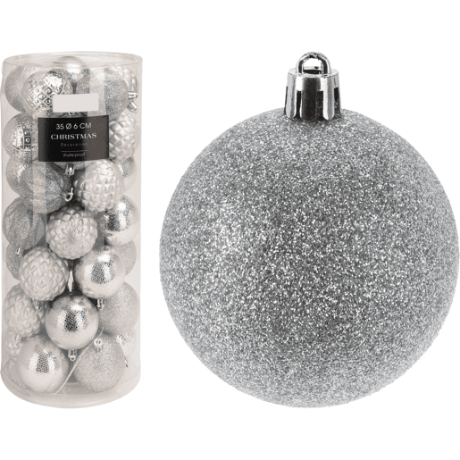 Well Home Conjunto de 35 bolas de Natal de 6 cm com 5 designs diferentes em relevo em prata