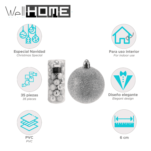 Well Home Conjunto de 35 bolas de Natal de 6 cm com 5 designs diferentes em relevo em prata