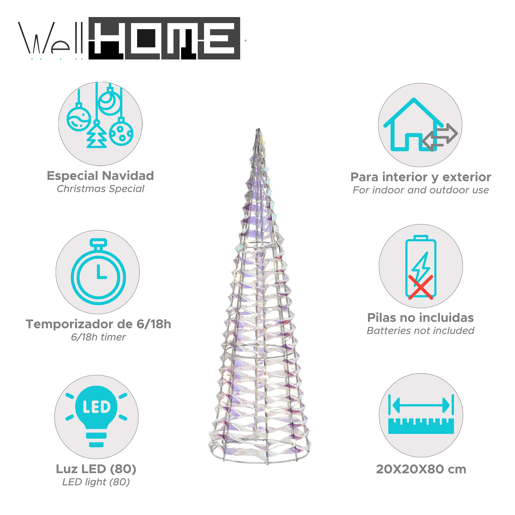 Cone decorativo de Natal Well Home com 80 micro LEDs em um design brilhante de arco-íris torcido, 80 cm