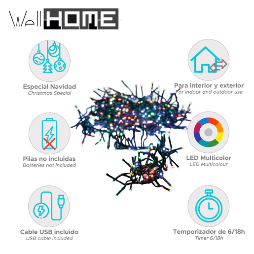 Well Home 192 Luzes LED Multicoloridas com 8 Funções e Temporizador - 1,4 Metros