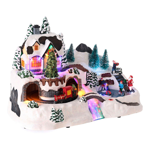 Vila de Natal Well Home para Decoração com Cena Móvel e Luzes LED 25,7x22,5x37cm