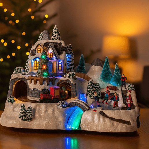 Vila de Natal Well Home para Decoração com Cena Móvel e Luzes LED 25,7x22,5x37cm
