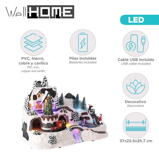 Vila de Natal Well Home para Decoração com Cena Móvel e Luzes LED 25,7x22,5x37cm