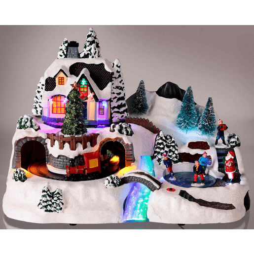 Vila de Natal Well Home para Decoração com Cena Móvel e Luzes LED 25,7x22,5x37cm
