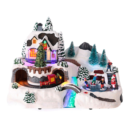 Vila de Natal Well Home para Decoração com Cena Móvel e Luzes LED 25,7x22,5x37cm