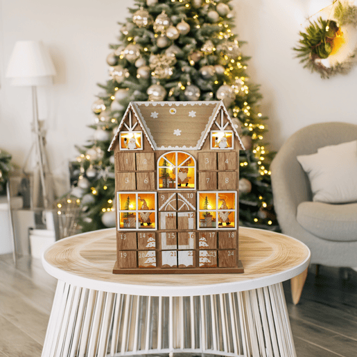 Calendário do Advento de madeira compensada de LED Well Home com caixa e conjunto de luzes