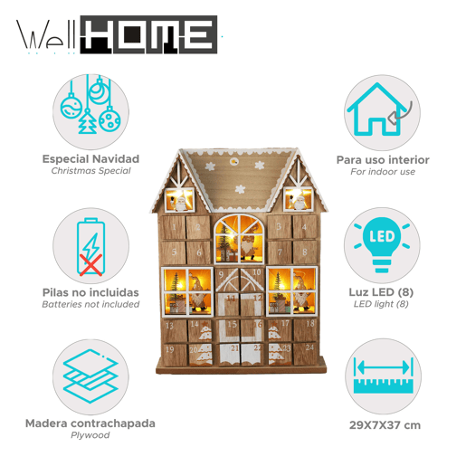 Calendário do Advento de madeira compensada de LED Well Home com caixa e conjunto de luzes