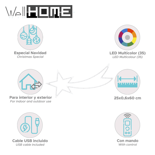 Iluminação de estrela cadente de Natal Well Home com 35 luzes LED RGB com controlador 60x25x0,6 cm