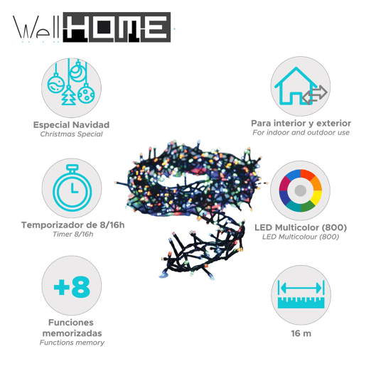 Guirlanda de Natal Well Home com 800 LEDs multicoloridos - 16 metros