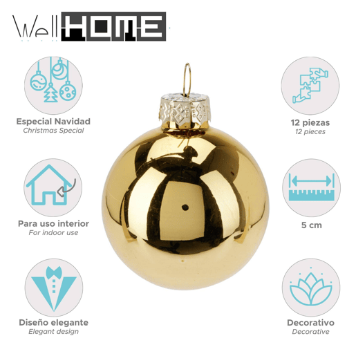 Well Home Conjunto de 12 Bolas de Natal Douradas Ø5cm - Brilhante e Fosco