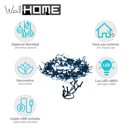 Luzes de corda Well Home com 480 LEDs brancos frios - Cabo de 3 m