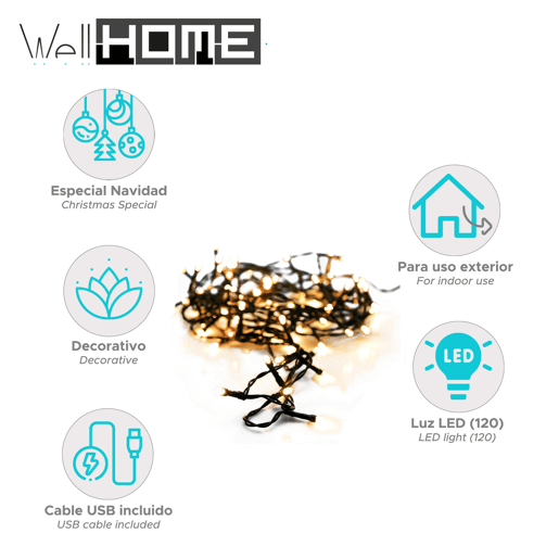 Well Home 120 Luzes de Corda LED Branco Quente - Cabo de 3 m