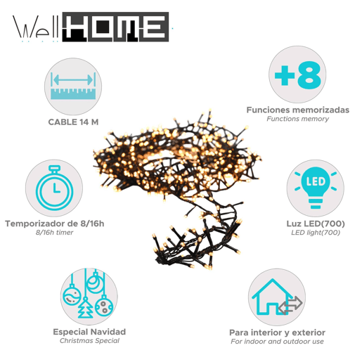 Luzes de guirlanda de Natal Well Home com 700 LEDs brancos extra quentes - 14 metros