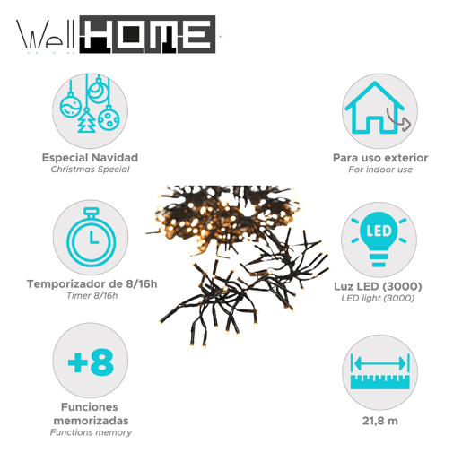 Well Home 3000 Luzes de LED Branco Quente com Controlador de 8 Funções - 70 Pés