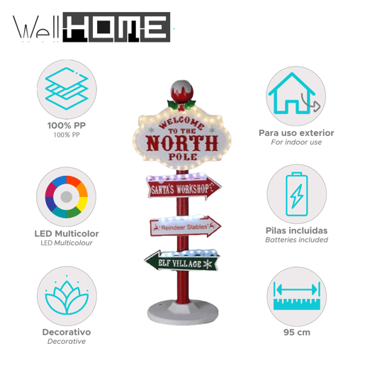 Decoração de Natal Well Home Placa externa North Pole com LED 95 cm