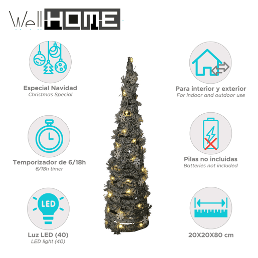 Well Home Cone de Natal Artificial com 40 Micro Luzes LED 80cm Well Home Cone de Natal Artificial com 40 Micro Luzes LED 80cm