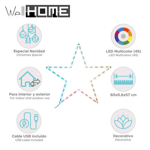 Iluminação de Natal Well Home com 45 luzes LED RGB e controlador 57x60x0,6 cm