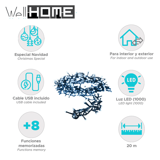 Luzes de Natal Well Home com 1000 LEDs brancos frios e 8 conjuntos de luzes - 20 m de comprimento