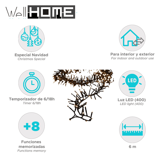 Well Home 400 Luzes LED Brancas Quentes com Temporizador - 6 Metros