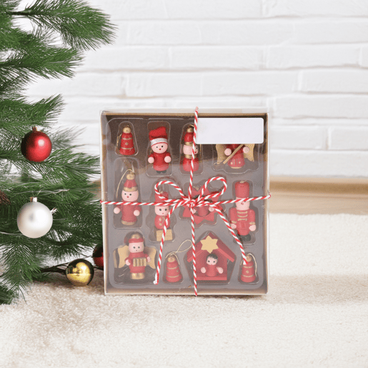 Conjunto de 12 peças de decoração de Natal pendurada em madeira vermelha Well Home