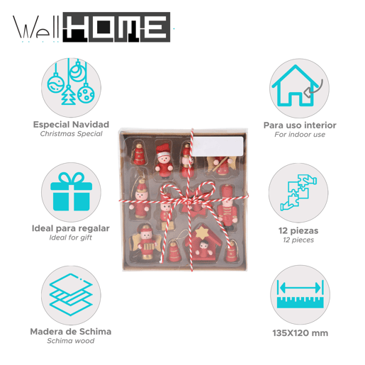 Conjunto de 12 peças de decoração de Natal pendurada em madeira vermelha Well Home