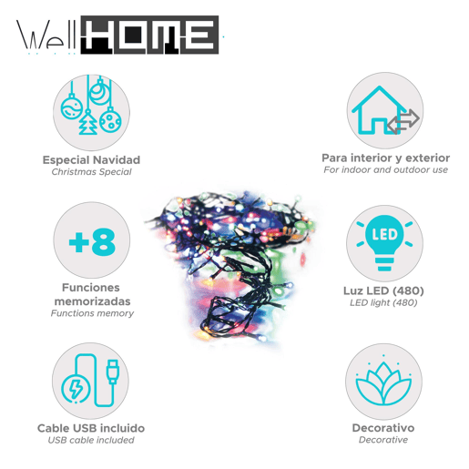 Well Home 480 Luzes LED Multicoloridas para Exterior - 3 Metros