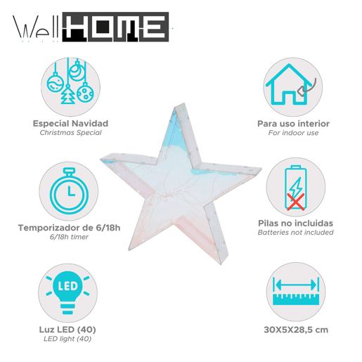 Well Home Luminous Star com 40 luzes LED legais em cores do arco-íris 30x5x28,5 cm