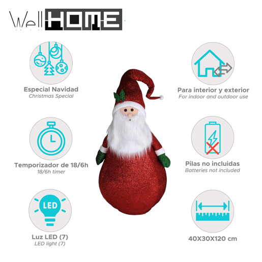 Papai Noel Well Home com corpo dobrável e luzes LED 120 cm