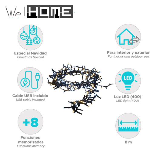 Well Home 400 Luzes LED Cluster, Branco e Branco Quente, com 8 Funções - 8 metros