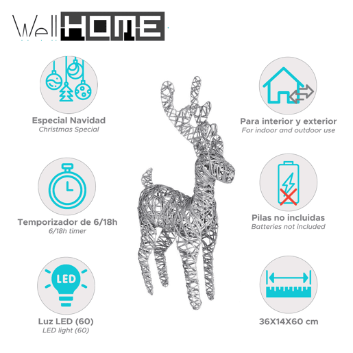 Luz de Natal de rena prateada Well Home com 60 luzes LED 60x36x14cm