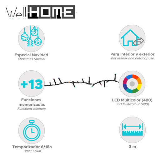 Luzes de corda LED solares multicoloridas recarregáveis u200Bu200BWell Home com controle remoto