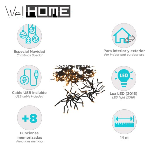 Luzes de corda Well Home com 2016 LEDs brancos quentes, 8 efeitos de luz e 14,6 m de iluminação total
