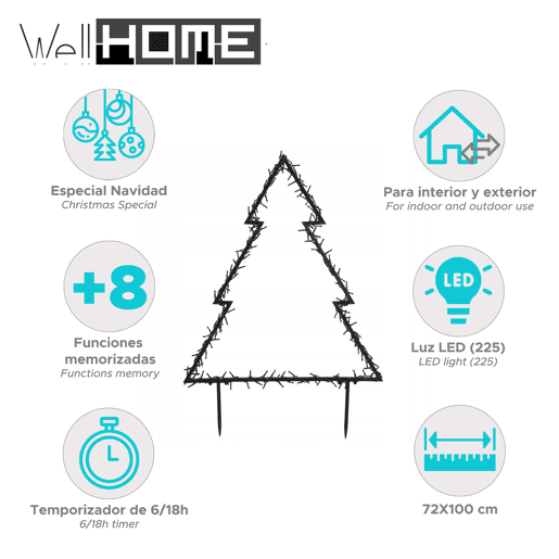 Luzes de jardim para árvore de Natal Well Home com 225 luzes LED brancas quentes e estrutura de metal 100x72 cm