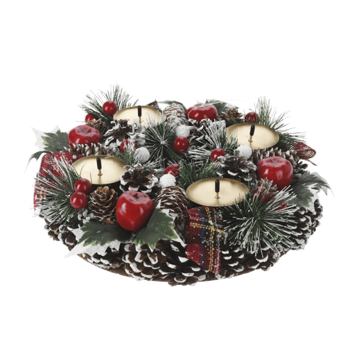 Coroa de Velas do Advento Well Home em Design Redondo com Pinhas e Detalhes Vermelhos 8x27cm