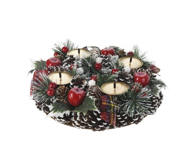 Well home corona con candelabr de adviento en diseño redondo con piñas y detalles rojo 8x27cm