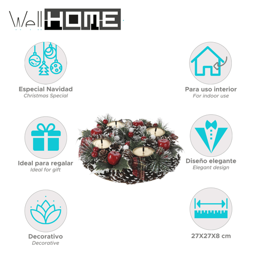 Coroa de Velas do Advento Well Home em Design Redondo com Pinhas e Detalhes Vermelhos 8x27cm