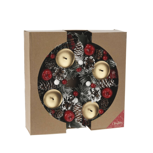 Coroa de Velas do Advento Well Home em Design Redondo com Pinhas e Detalhes Vermelhos 8x27cm