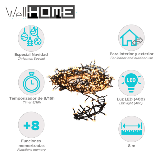 Luzes de guirlanda de Natal Well Home com 400 LEDs brancos quentes - 8 metros