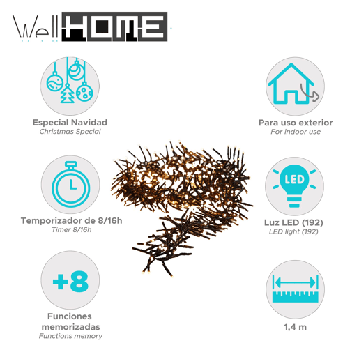 Well Home 192 Luzes de LED Branco Quente e Branco Extra Quente com Controlador de 8 Funções e Temporizador