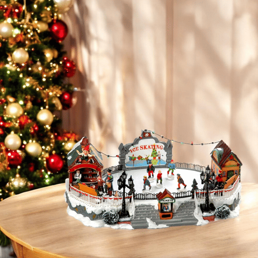 Decoração de Natal Well Home Pista de Patinação com Luzes LED e Movimento 39x22,5x21cm