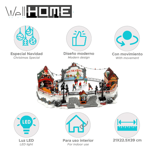 Decoração de Natal Well Home Pista de Patinação com Luzes LED e Movimento 39x22,5x21cm