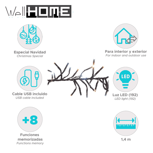 Luzes de corda Well Home com 192 luzes LED brancas e brancas quentes - Cabo de 3 metros