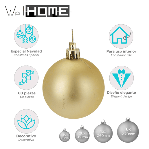 Well Home Conjunto de 60 Bolas de Natal na Cor Dourada em Vários Tamanhos e Acabamentos