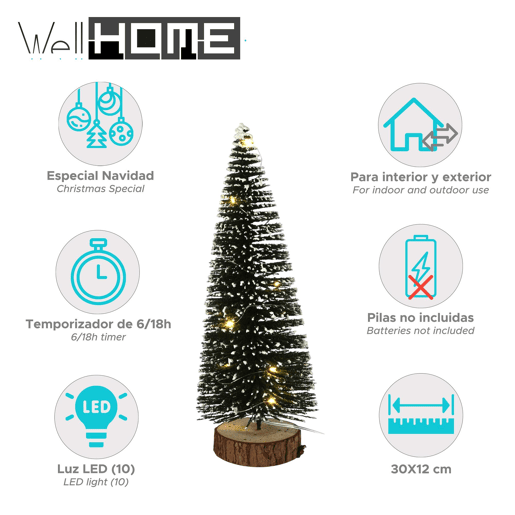 Árvore de Natal Well Home com 10 luzes LED brancas quentes e temporizador - 30x12x12cm