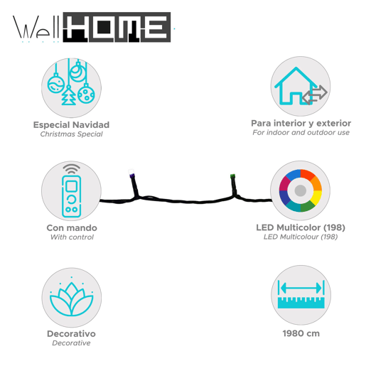 Conjunto de luzes LED RGB Well Home 198 com controle remoto - 1980 cm de comprimento