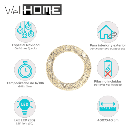 Guirlanda de Natal Well Home Silver com 30 Luzes LED Branco Quente Ø40cm